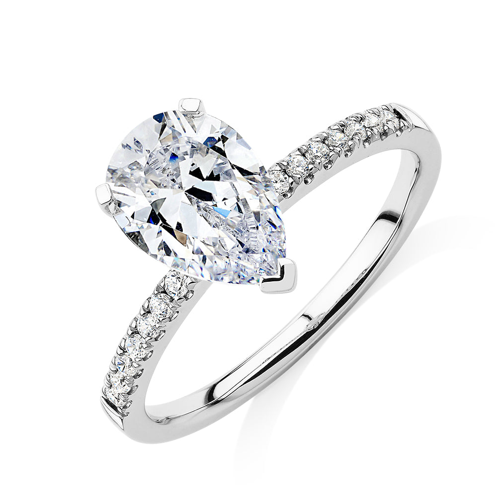 Pear and Round Brilliant shouldered engagement ring with 1.88 carats* of diamond simulants in 14 carat white gold