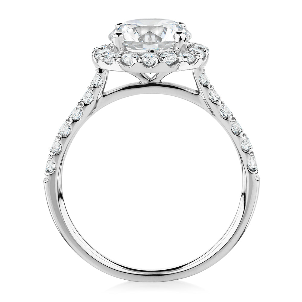 Round Brilliant halo engagement ring with 2.46 carats* of diamond simulants in 10 carat white gold