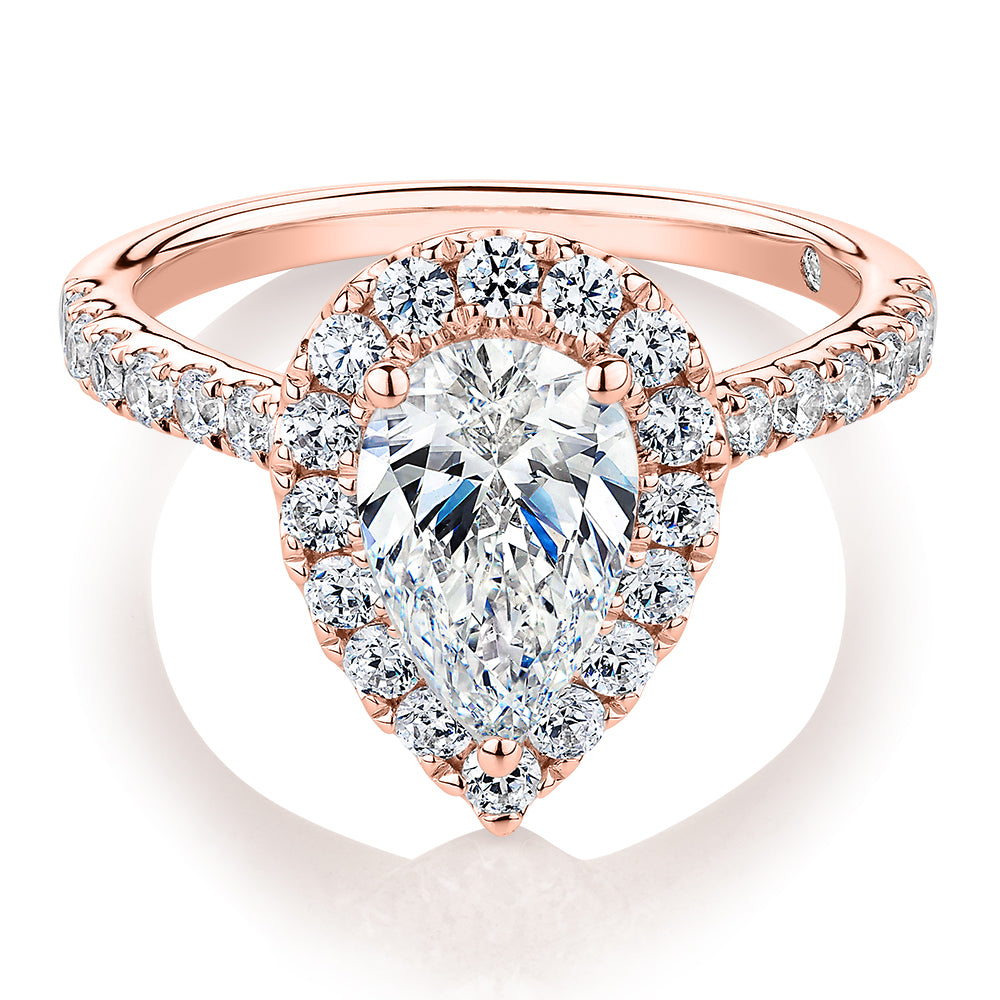 Signature Simulant Diamond 2.17 carat* TW pear and round brilliant shouldered halo engagement ring in 14 carat rose gold
