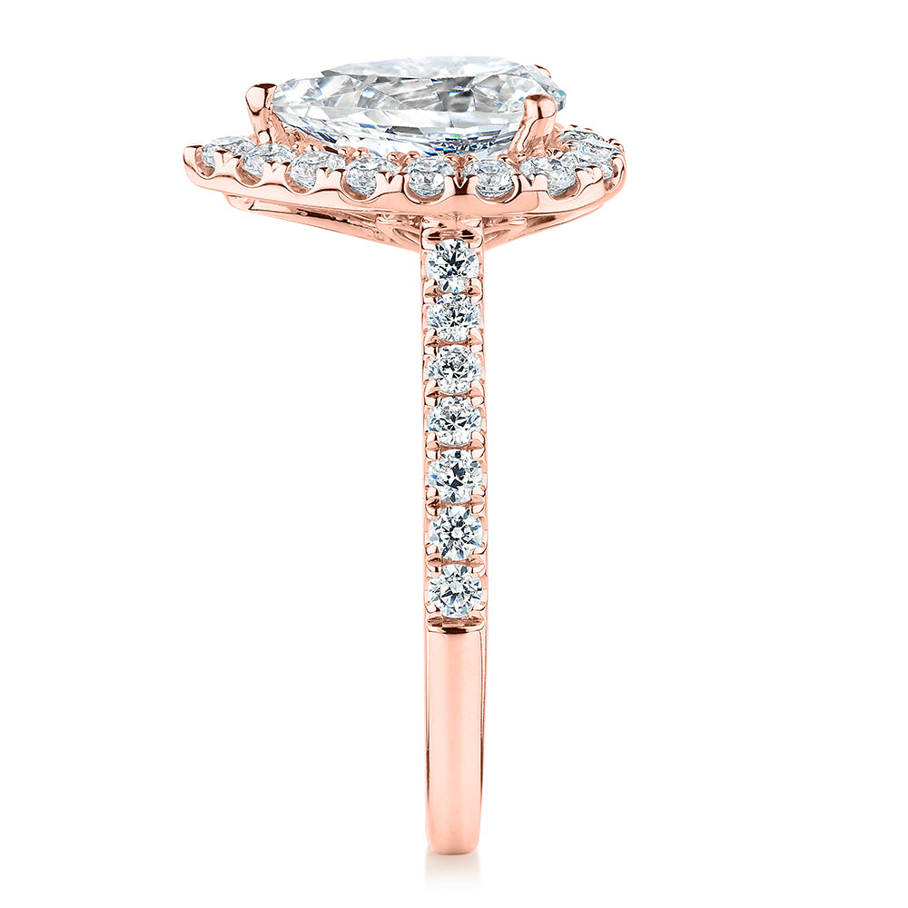 Signature Simulant Diamond 2.17 carat* TW pear and round brilliant shouldered halo engagement ring in 14 carat rose gold
