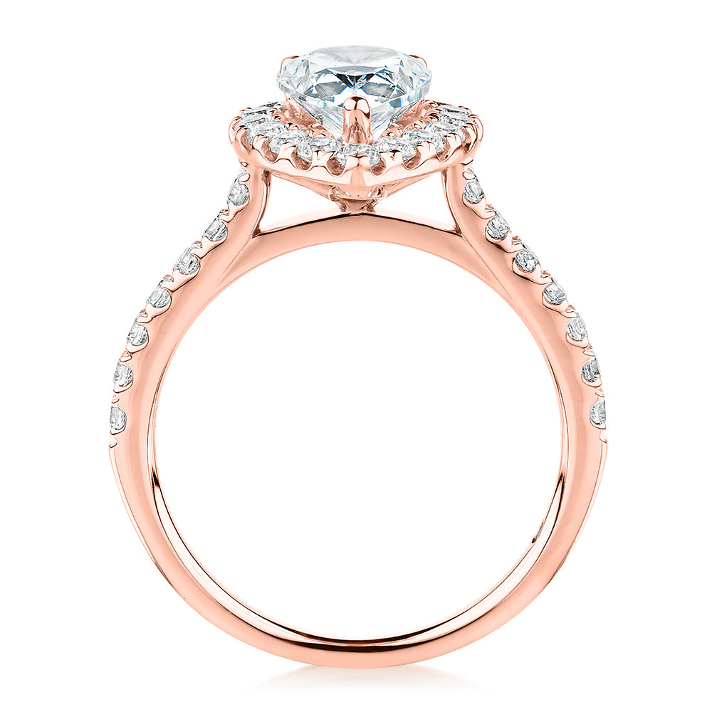 Signature Simulant Diamond 2.17 carat* TW pear and round brilliant shouldered halo engagement ring in 14 carat rose gold