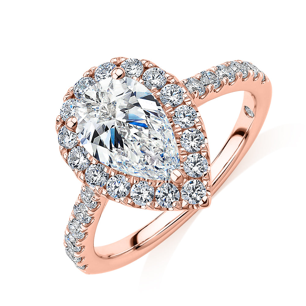 Signature Simulant Diamond 2.17 carat* TW pear and round brilliant shouldered halo engagement ring in 14 carat rose gold