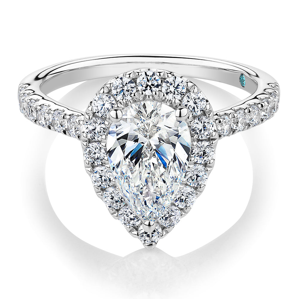 Premium Certified Lab-Grown Diamond 2.17 carat TW pear and round brilliant halo shouldered engagement ring in 14 carat white gold