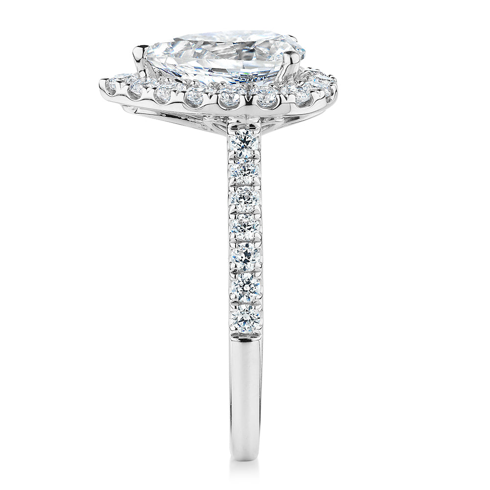Premium Certified Lab-Grown Diamond 2.17 carat TW pear and round brilliant halo shouldered engagement ring in 14 carat white gold