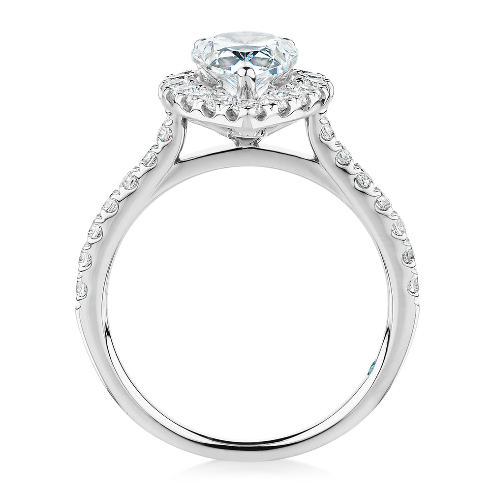 Premium Certified Lab-Grown Diamond 2.17 carat TW pear and round brilliant halo shouldered engagement ring in 14 carat white gold