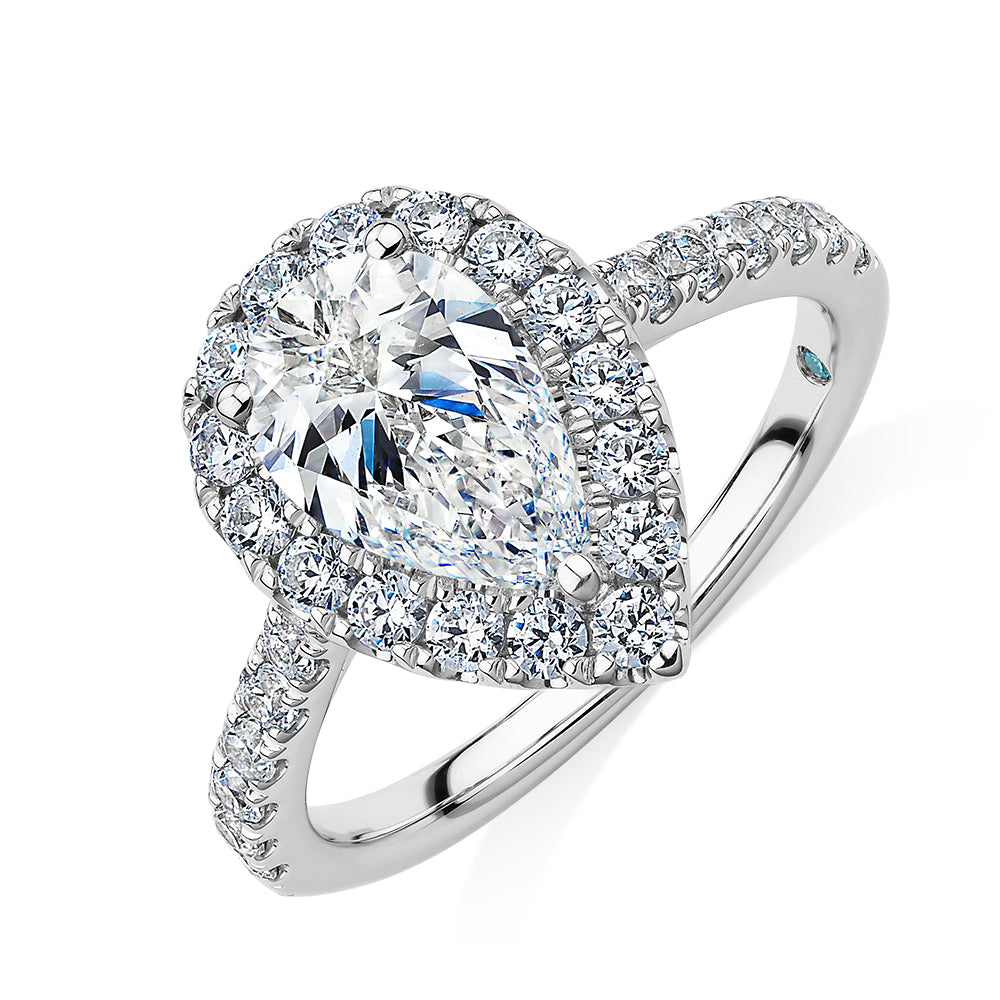 Premium Certified Lab-Grown Diamond 2.17 carat TW pear and round brilliant halo shouldered engagement ring in 14 carat white gold