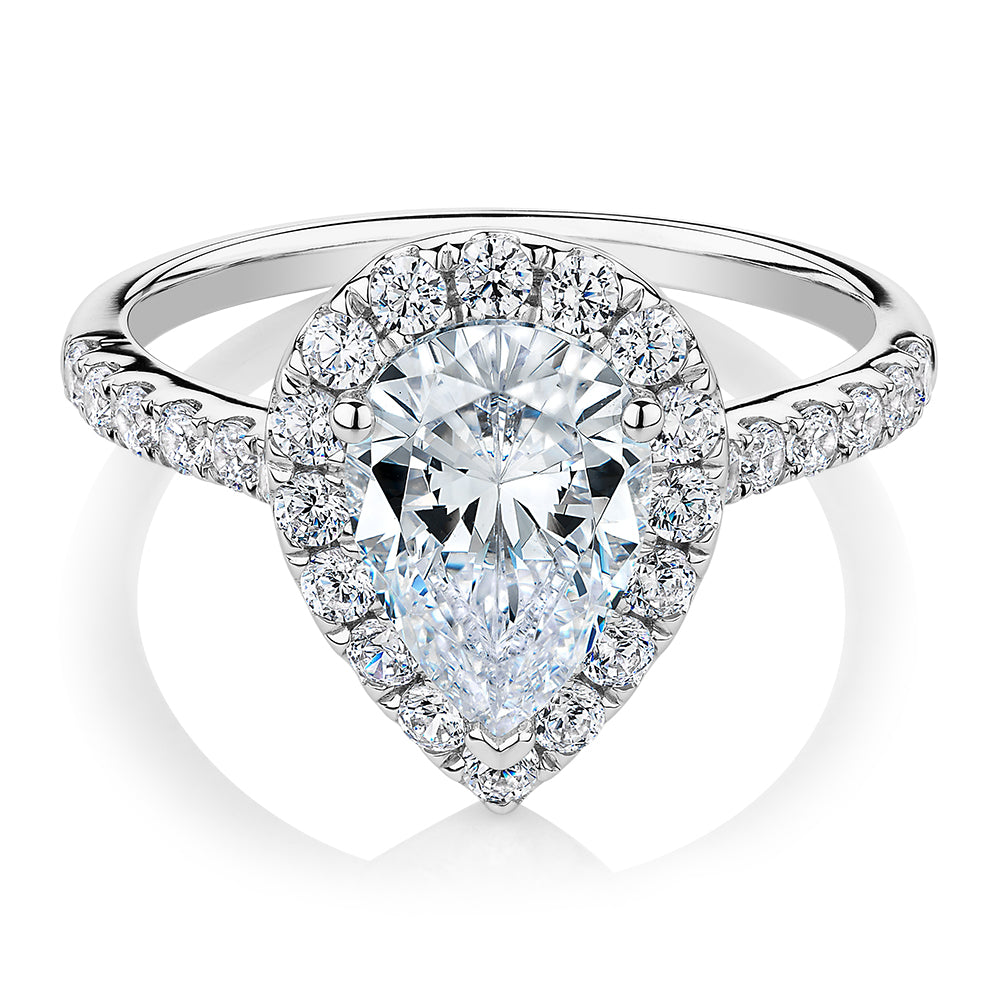 Pear and Round Brilliant halo engagement ring with 2.38 carats* of diamond simulants in 10 carat white gold