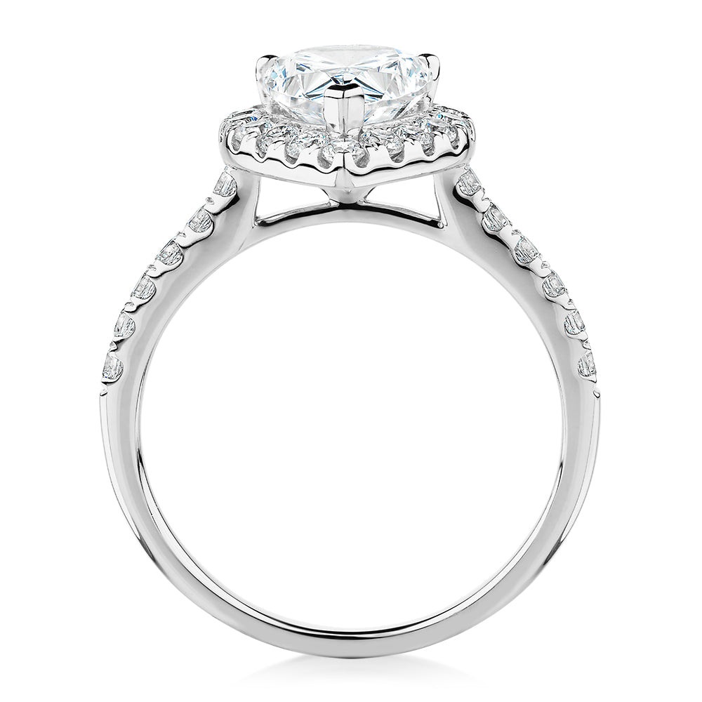 Pear and Round Brilliant halo engagement ring with 2.38 carats* of diamond simulants in 10 carat white gold