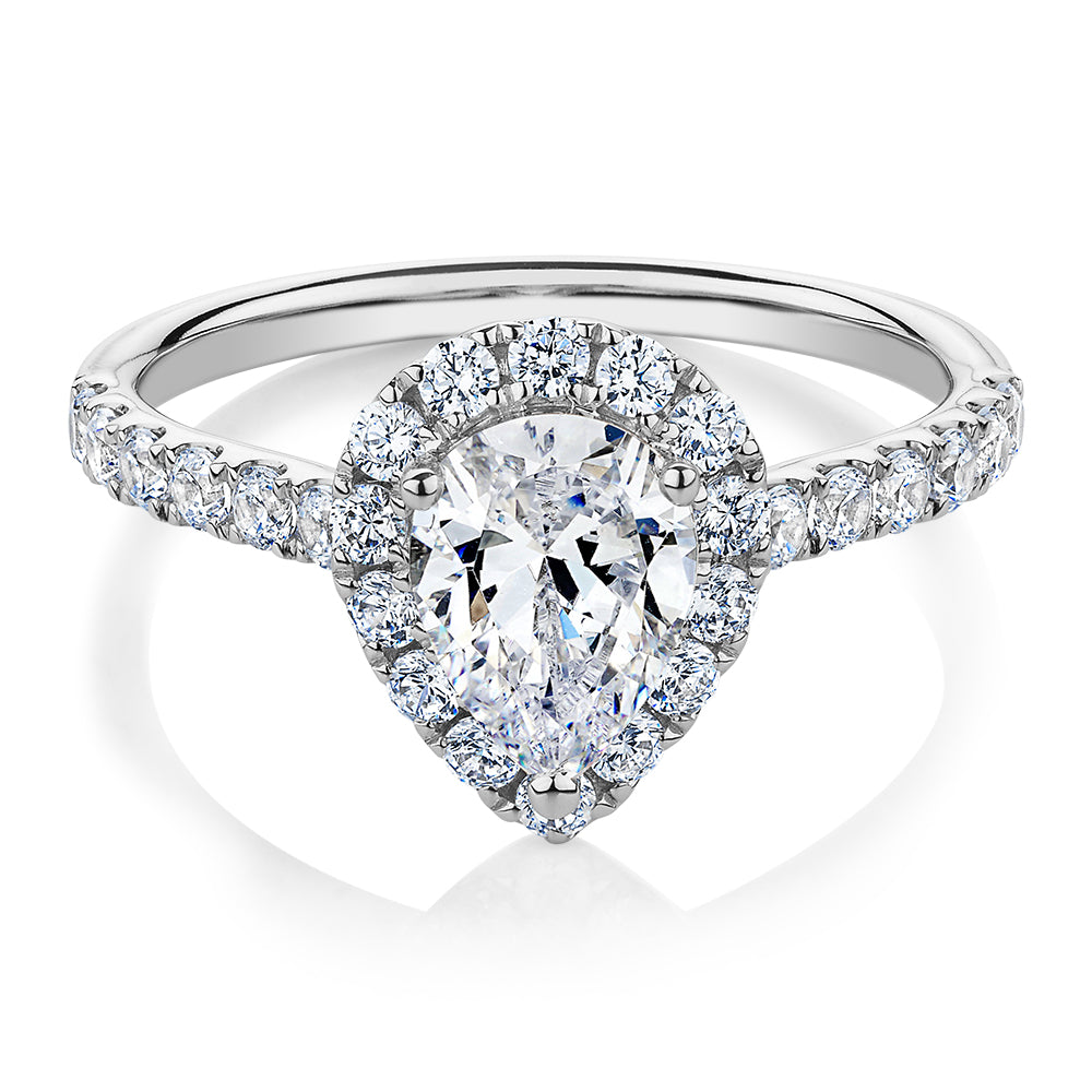 Pear and Round Brilliant halo engagement ring with 1.83 carats* of diamond simulants in 14 carat white gold