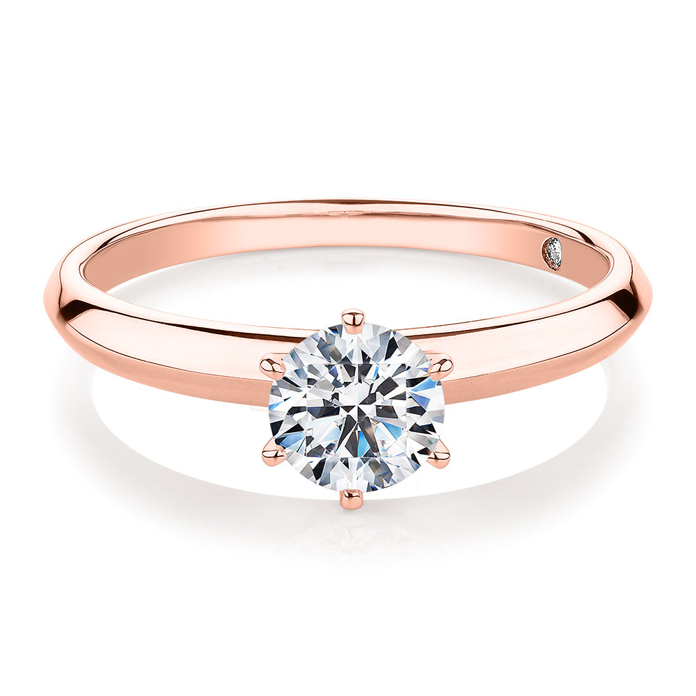 Round Brilliant solitaire engagement ring with 0.70 carat* diamond simulant in 14 carat rose gold