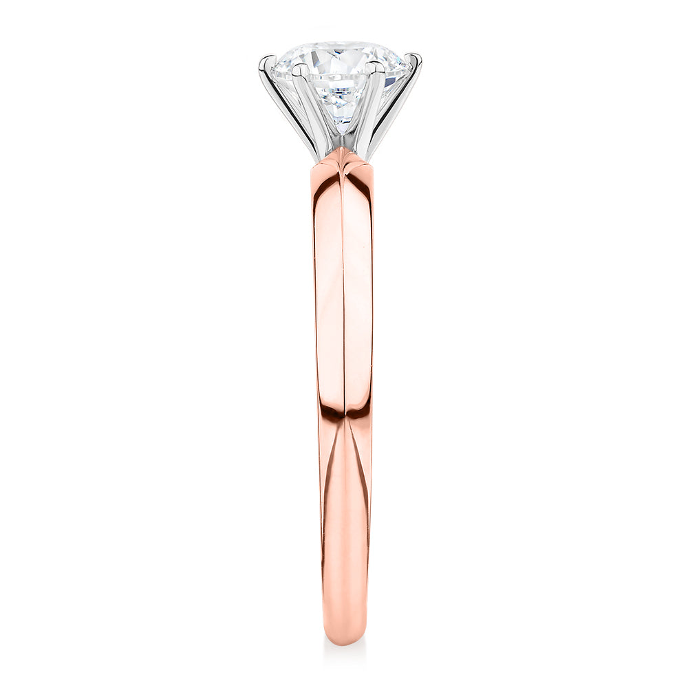 Premium Certified Laboratory Created Diamond, 0.70 carat round brilliant solitaire engagement ring in 14 carat rose and white gold