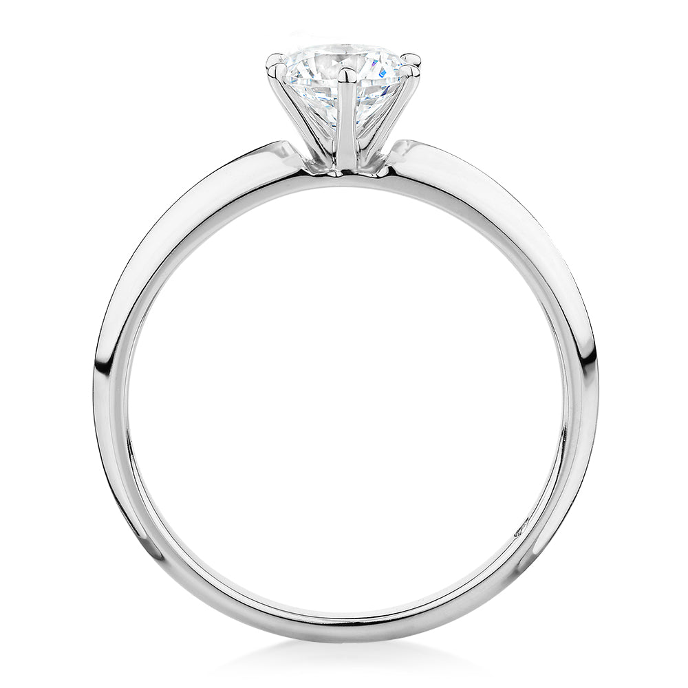 Round Brilliant solitaire engagement ring with 0.70 carat* diamond simulant in 14 carat white gold