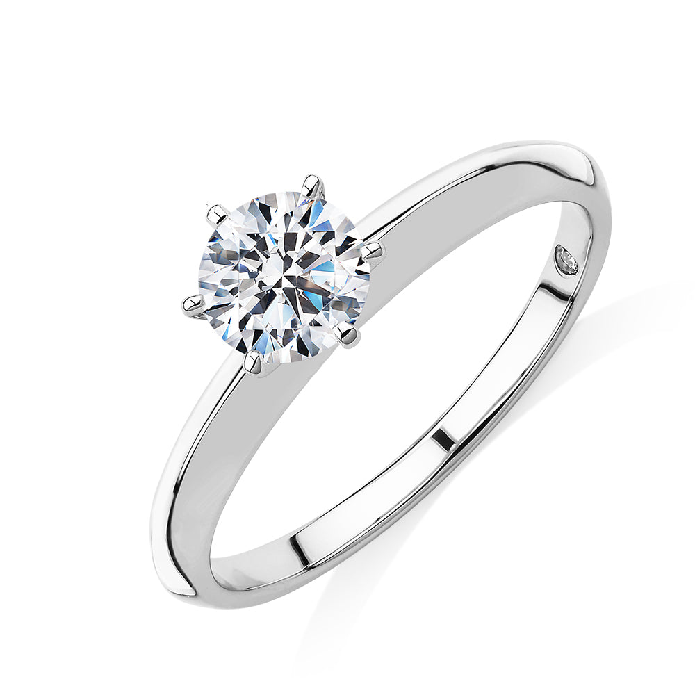 Round Brilliant solitaire engagement ring with 0.70 carat* diamond simulant in 14 carat white gold