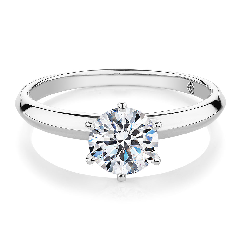 Round Brilliant solitaire engagement ring with 1 carat* diamond simulant in 14 carat white gold