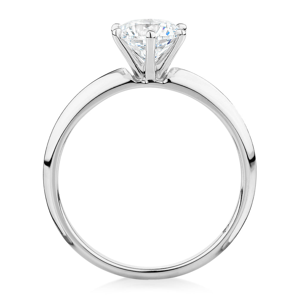 Round Brilliant solitaire engagement ring with 1 carat* diamond simulant in 14 carat white gold