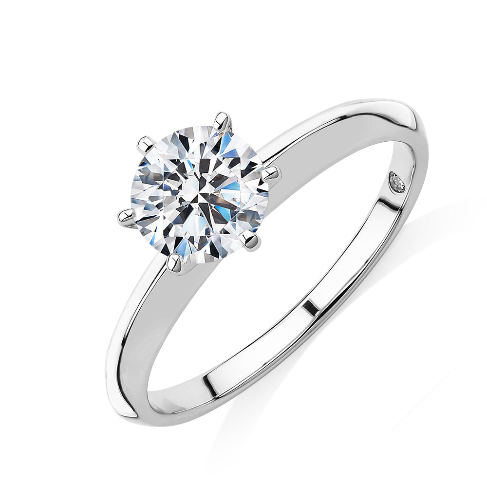 Round Brilliant solitaire engagement ring with 1 carat* diamond simulant in 14 carat white gold