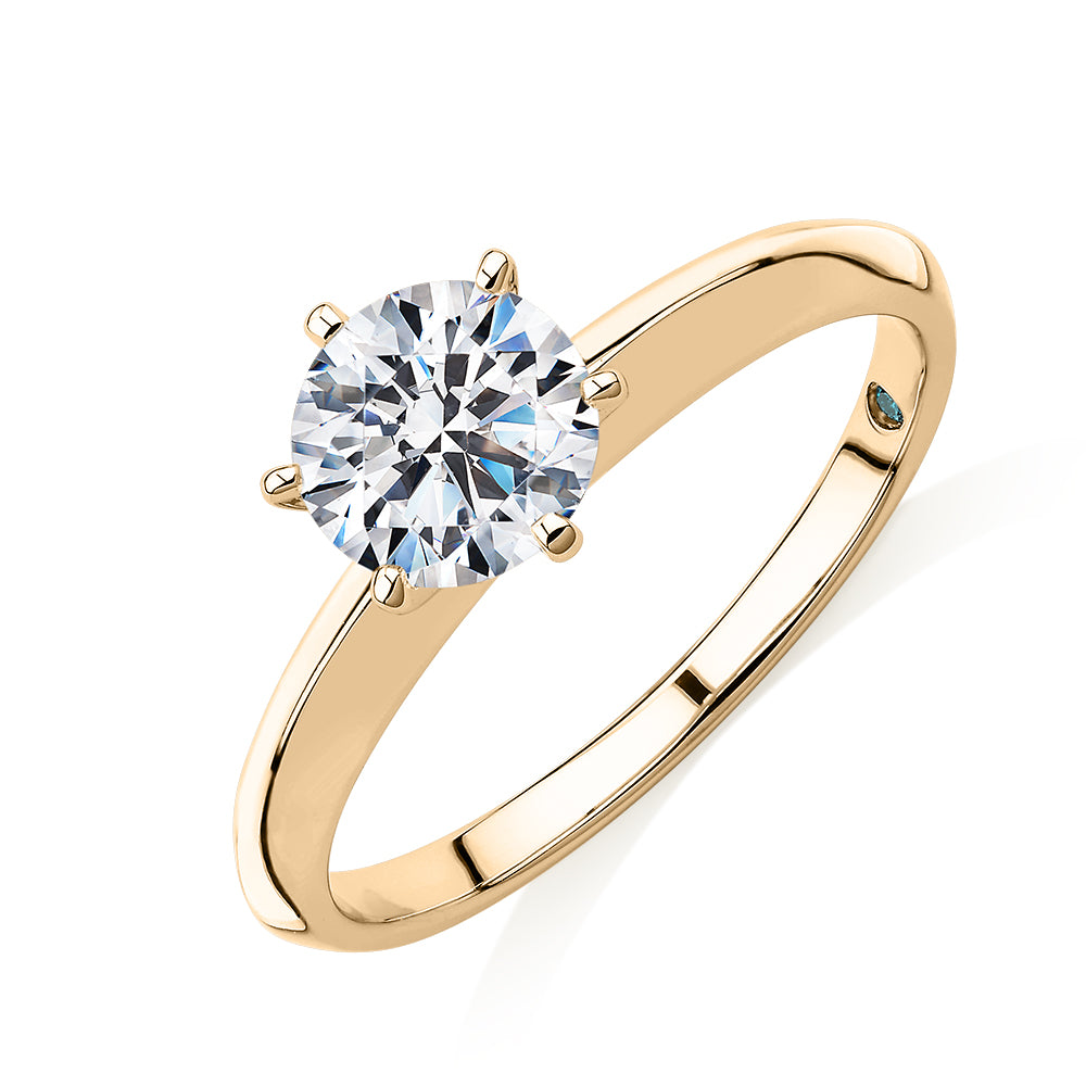 Premium Certified Laboratory Created Diamond, 1.00 carat round brilliant solitaire engagement ring in 14 carat yellow gold