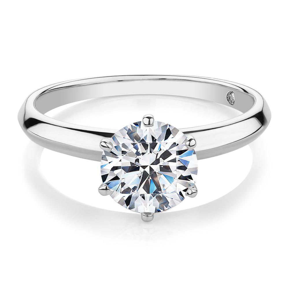 Round Brilliant solitaire engagement ring with 1.5 carat* diamond simulant in 14 carat white gold