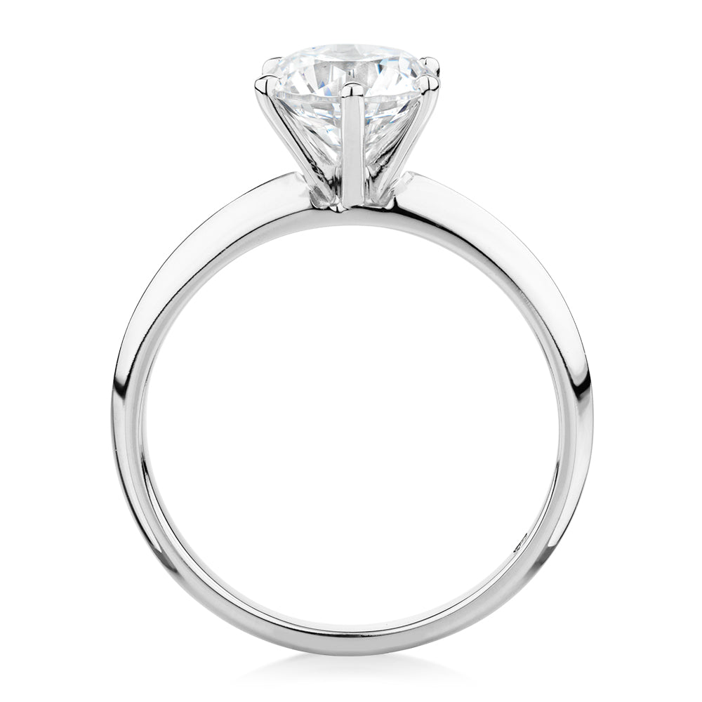 Round Brilliant solitaire engagement ring with 1.5 carat* diamond simulant in 14 carat white gold