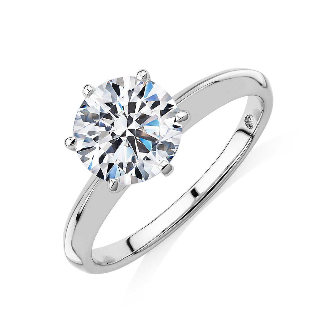 Round Brilliant solitaire engagement ring with 2 carat* diamond simulant in 14 carat white gold