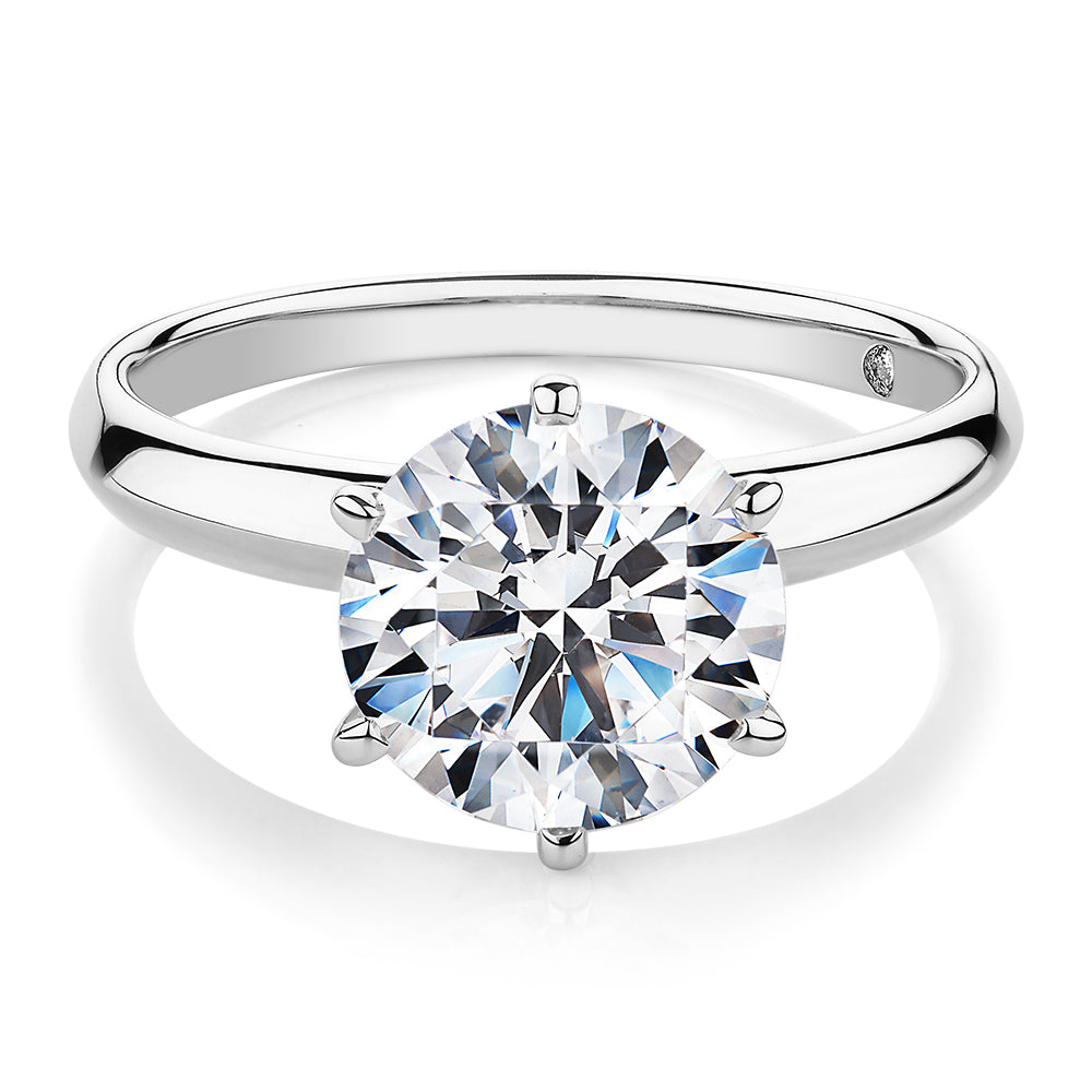 Round Brilliant solitaire engagement ring with 3 carat* diamond simulant in 14 carat white gold