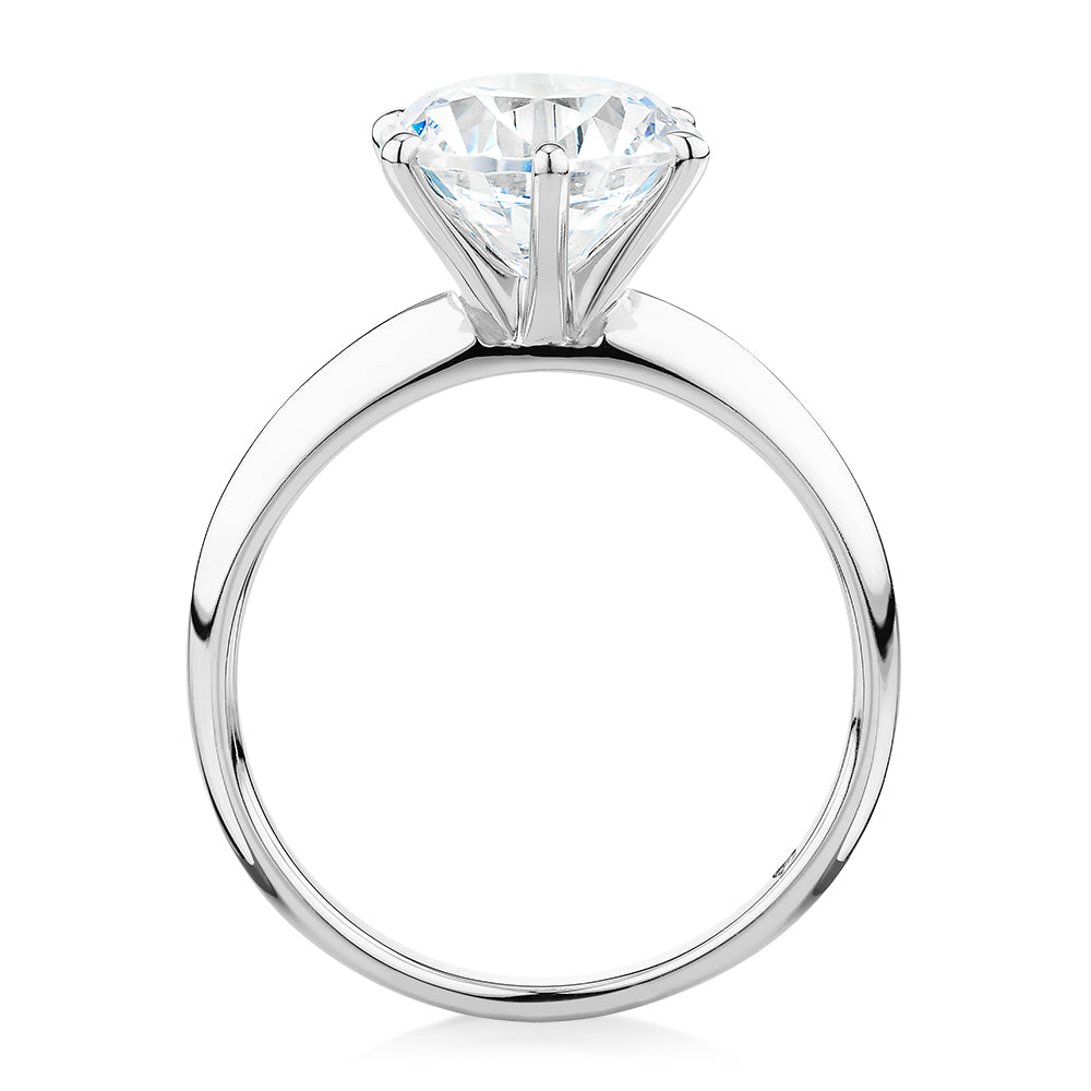 Round Brilliant solitaire engagement ring with 3 carat* diamond simulant in 14 carat white gold