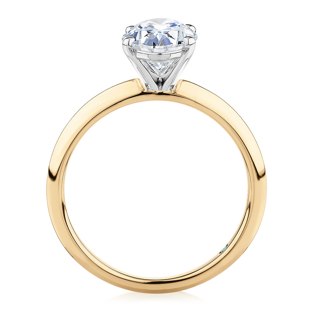 Premium Certified Lab-Grown Diamond, 2.00 carat oval solitaire engagement ring in 14 carat yellow and white gold