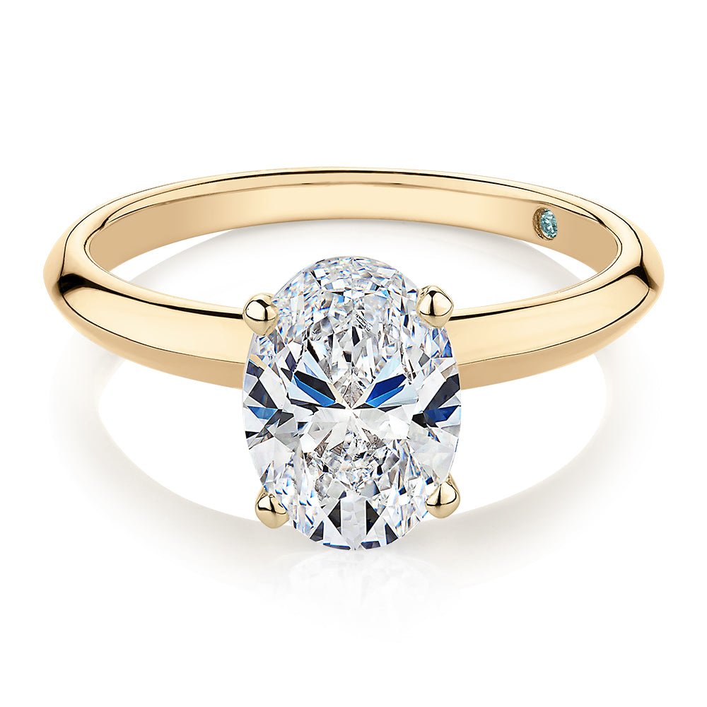 Premium Certified Lab-Grown Diamond, 2.00 carat oval solitaire engagement ring in 14 carat yellow gold