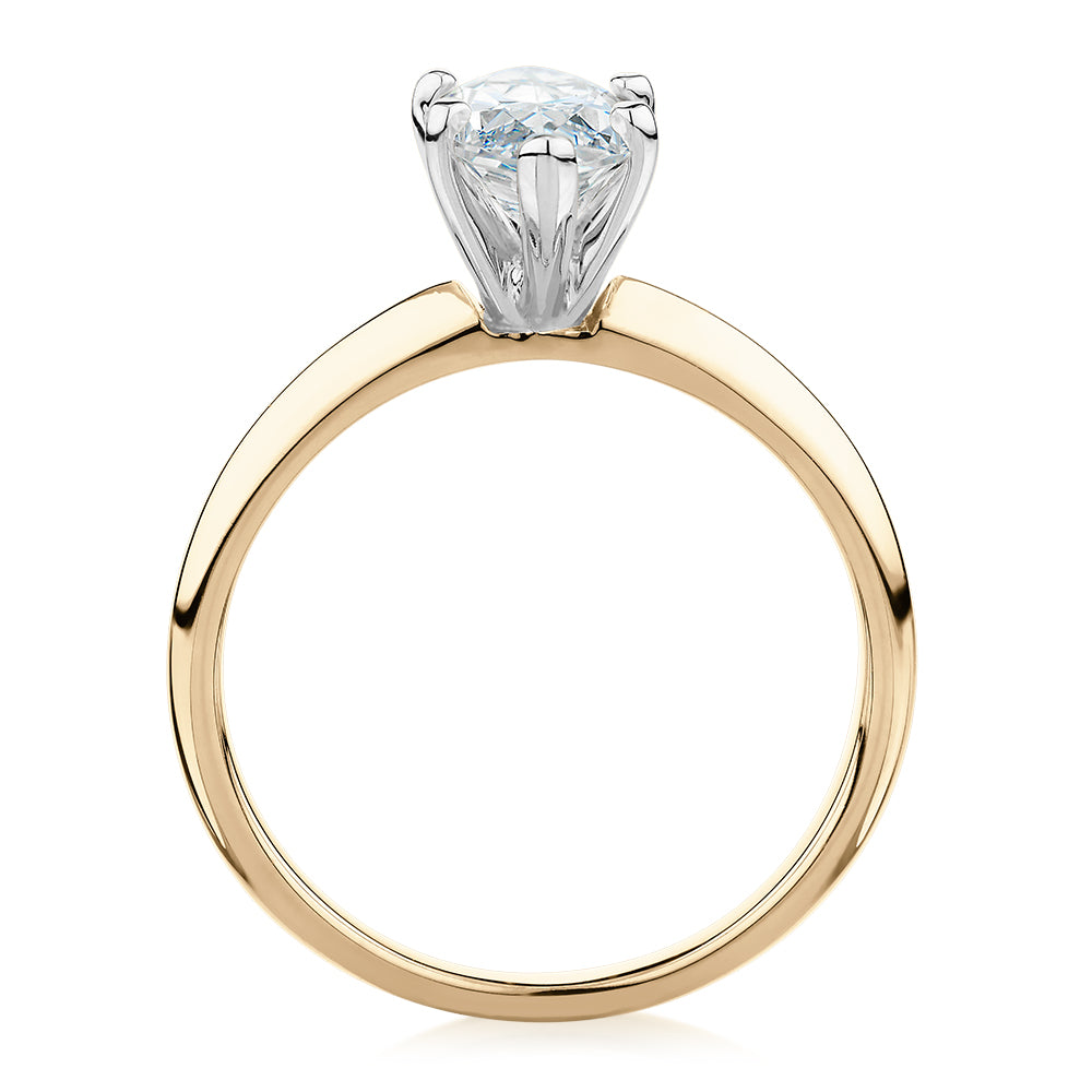 Marquise solitaire engagement ring with 1.62 carat* diamond simulant in 14 carat yellow and white gold
