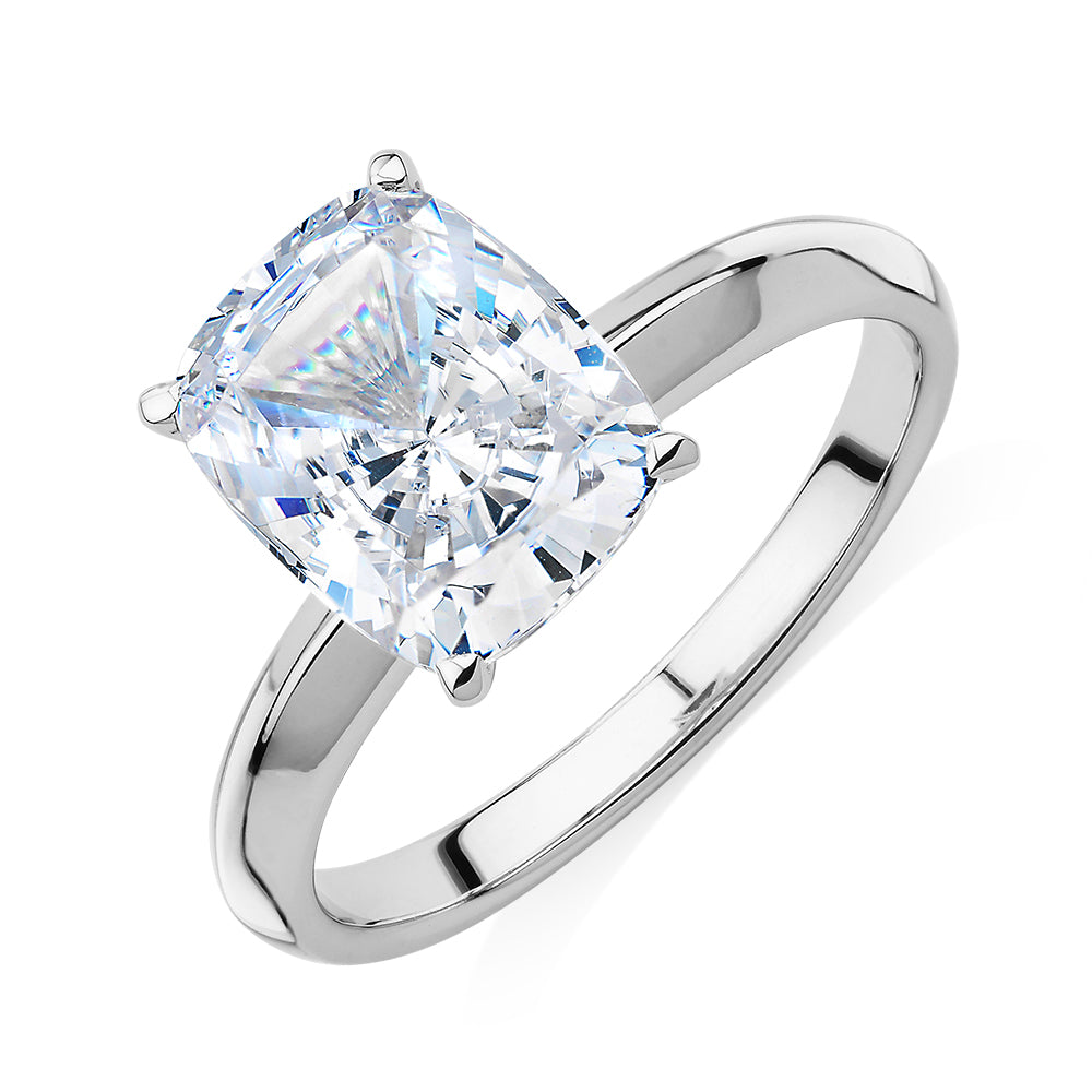 Cushion Radiant solitaire engagement ring with 3.49 carat* diamond simulant in 14 carat white gold