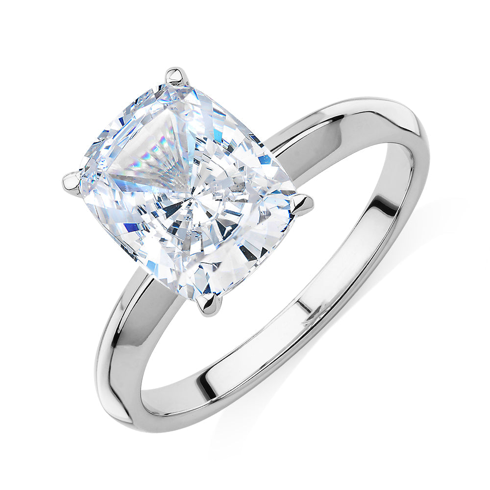 Cushion Radiant solitaire engagement ring with 2.62 carat* diamond simulant in 14 carat white gold