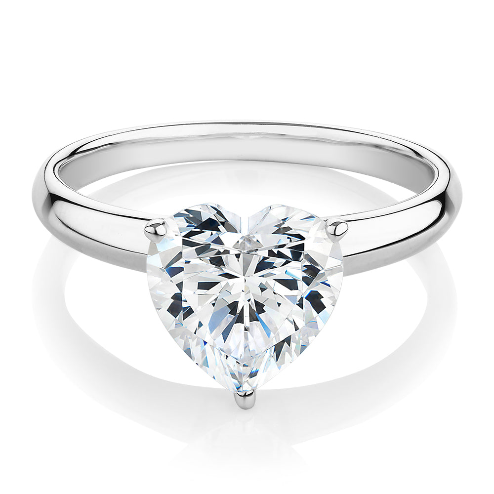 Heart solitaire engagement ring with 2.41 carat* diamond simulant in 14 carat white gold