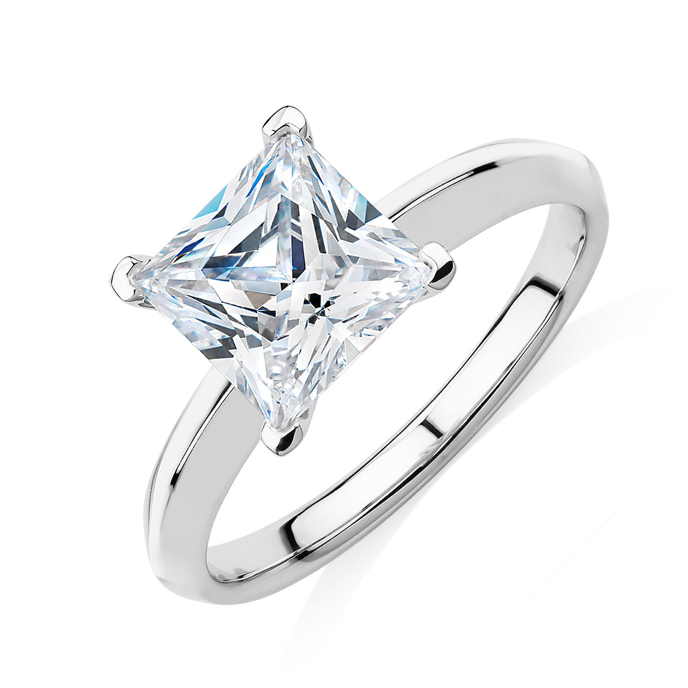 Princess solitaire engagement ring with 2.4 carat* diamond simulant in 14 carat white gold
