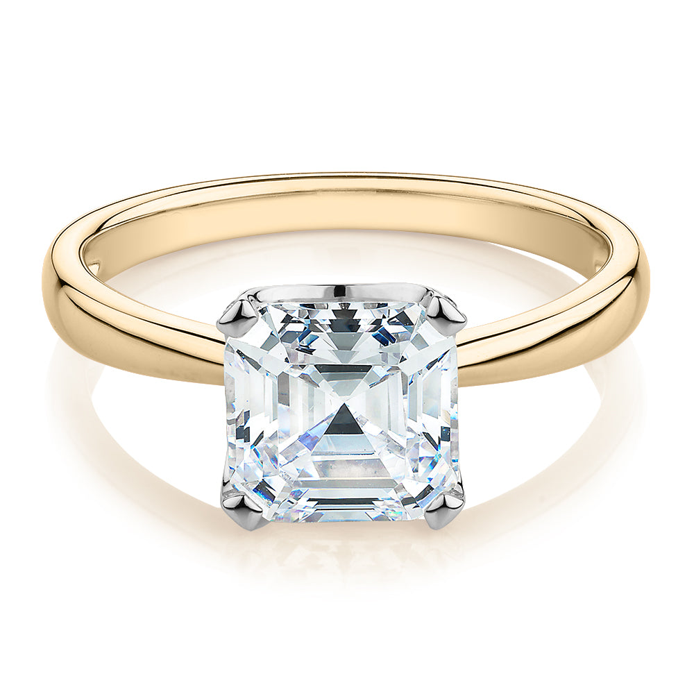 Asscher solitaire engagement ring with 2.55 carats* of diamond simulants in 14 carat yellow and white gold