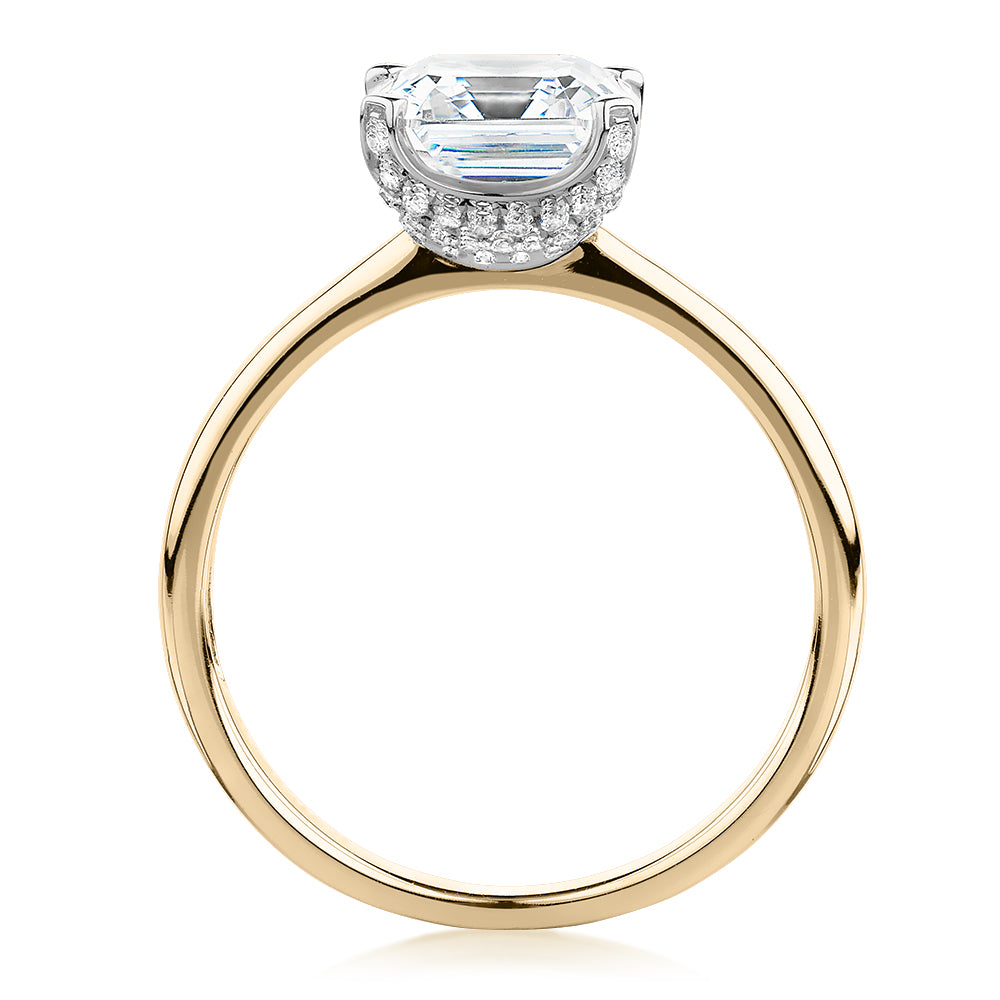 Asscher solitaire engagement ring with 2.55 carats* of diamond simulants in 14 carat yellow and white gold