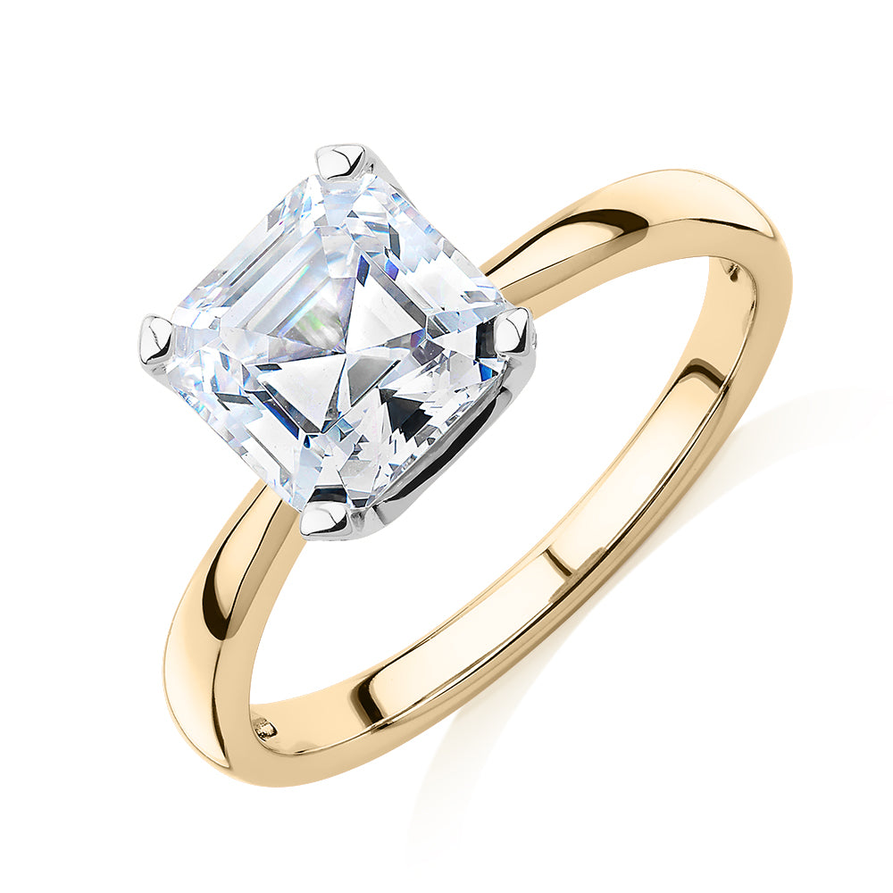 Asscher solitaire engagement ring with 2.55 carats* of diamond simulants in 14 carat yellow and white gold