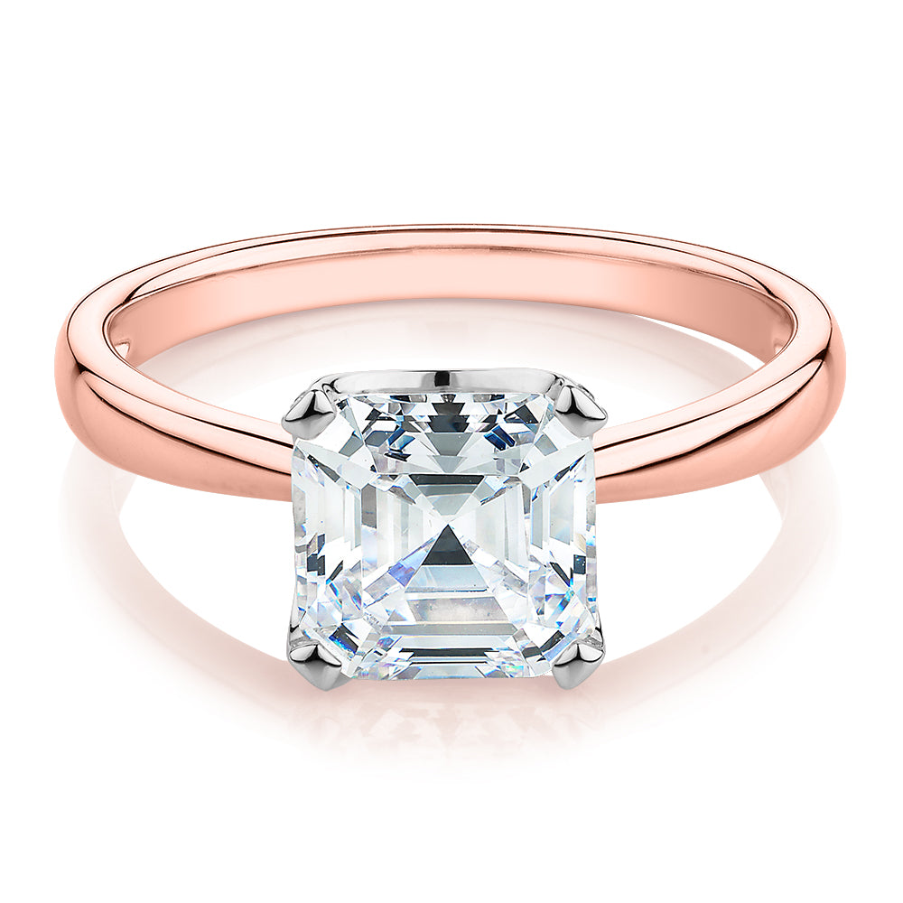 Asscher solitaire engagement ring with 2.55 carats* of diamond simulants in 14 carat rose and white gold