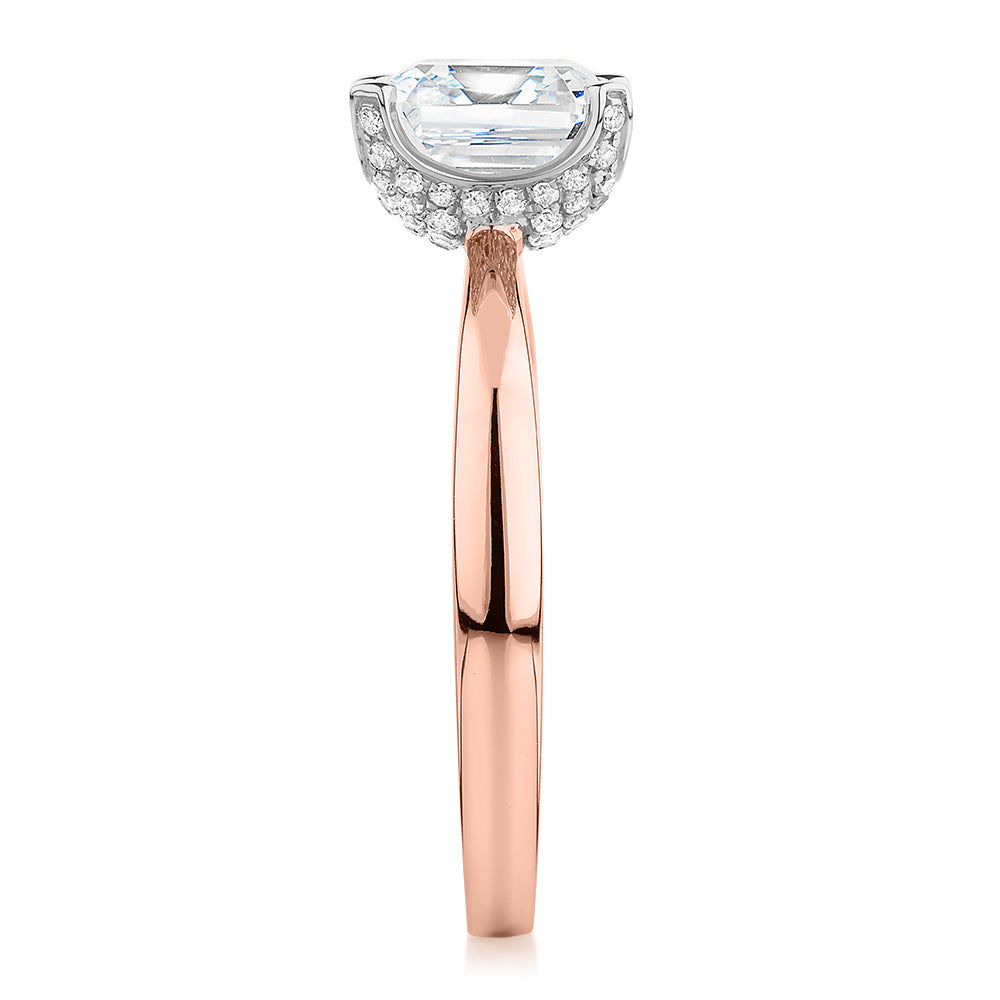 Asscher solitaire engagement ring with 2.55 carats* of diamond simulants in 14 carat rose and white gold