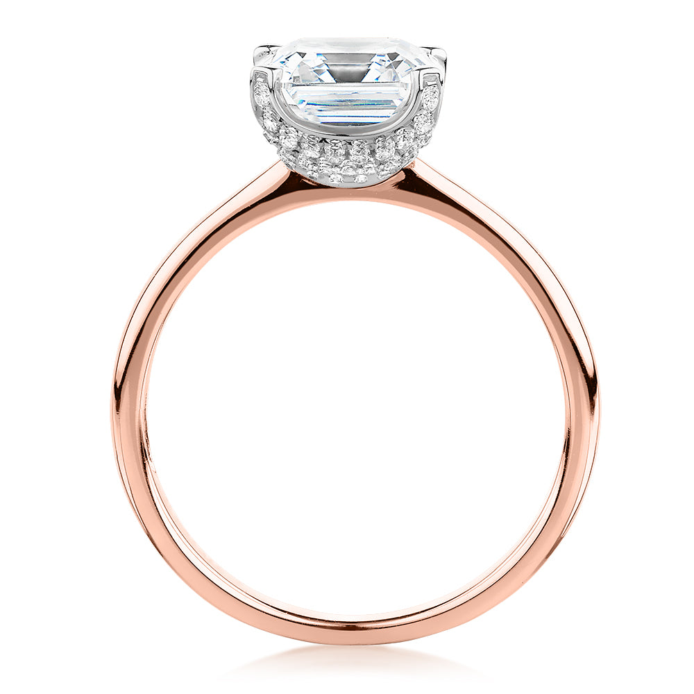 Asscher solitaire engagement ring with 2.55 carats* of diamond simulants in 14 carat rose and white gold