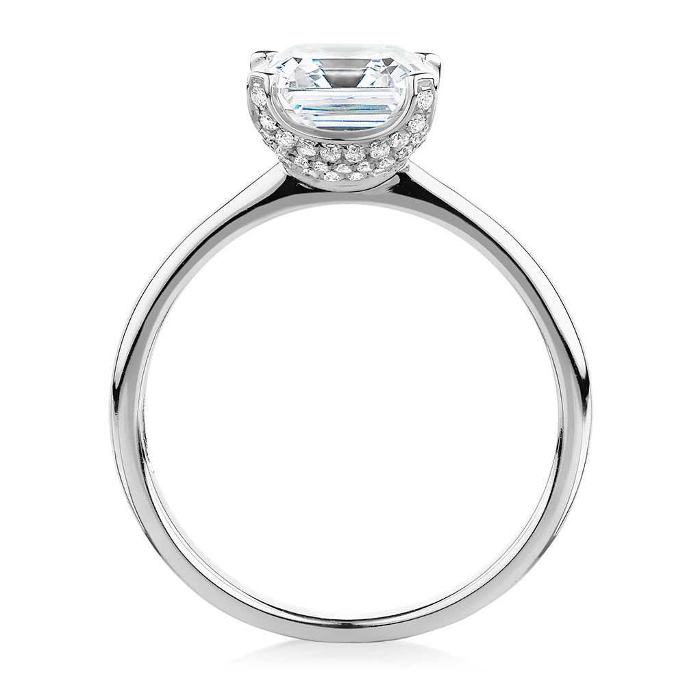 Asscher solitaire engagement ring with 2.55 carats* of diamond simulants in 14 carat white gold