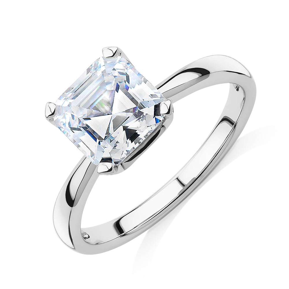 Asscher solitaire engagement ring with 2.55 carats* of diamond simulants in 14 carat white gold