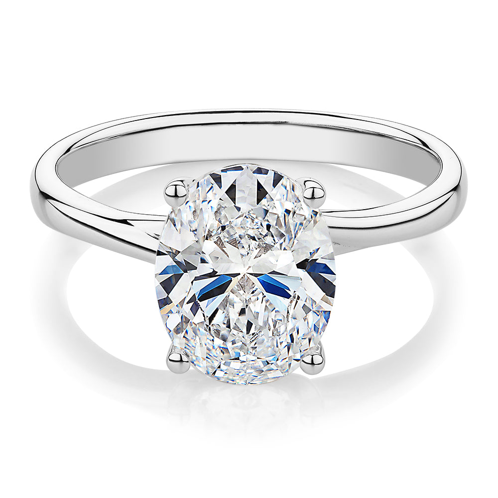 Oval solitaire engagement ring with 2.54 carat* diamond simulant in 14 carat white gold