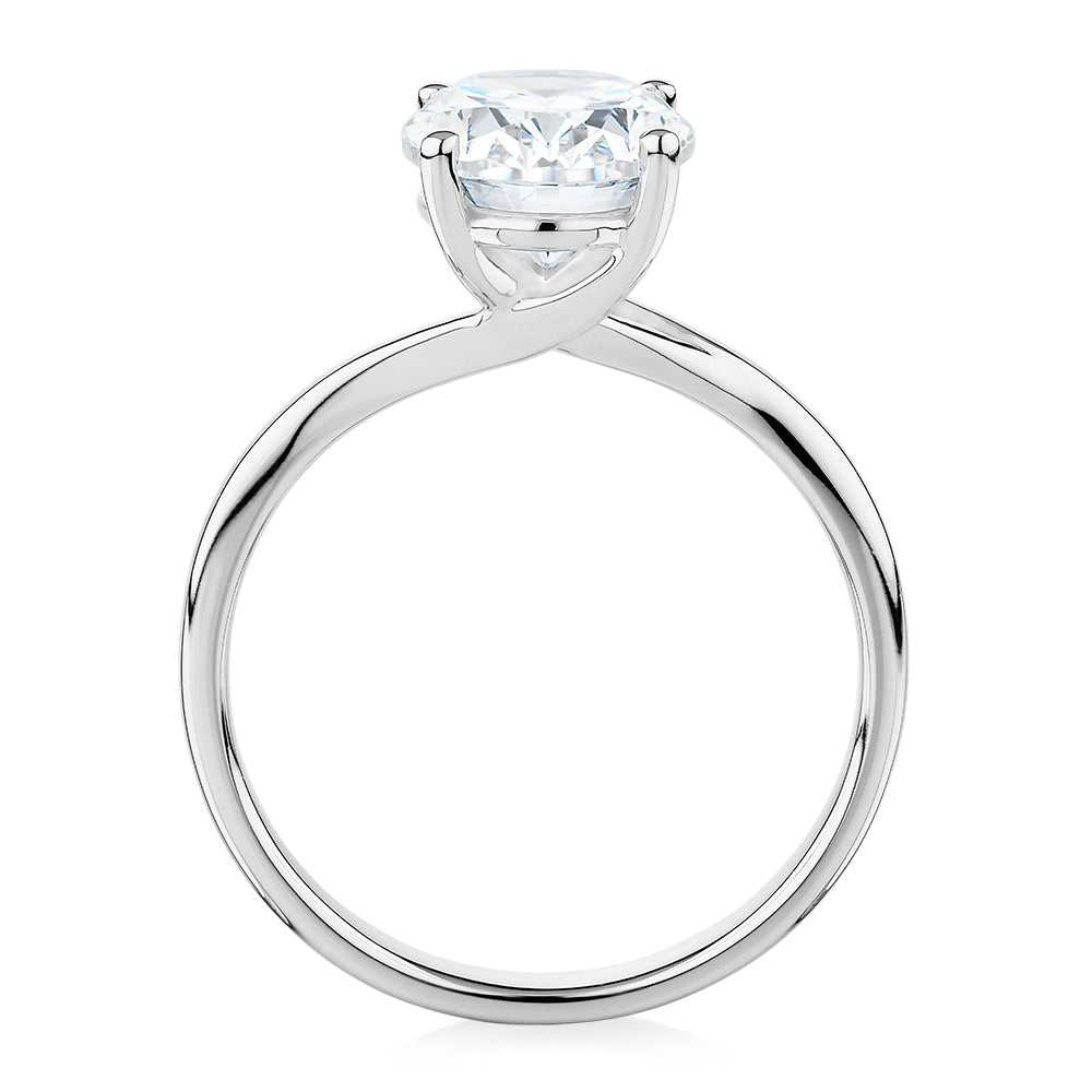 Oval solitaire engagement ring with 2.54 carat* diamond simulant in 14 carat white gold