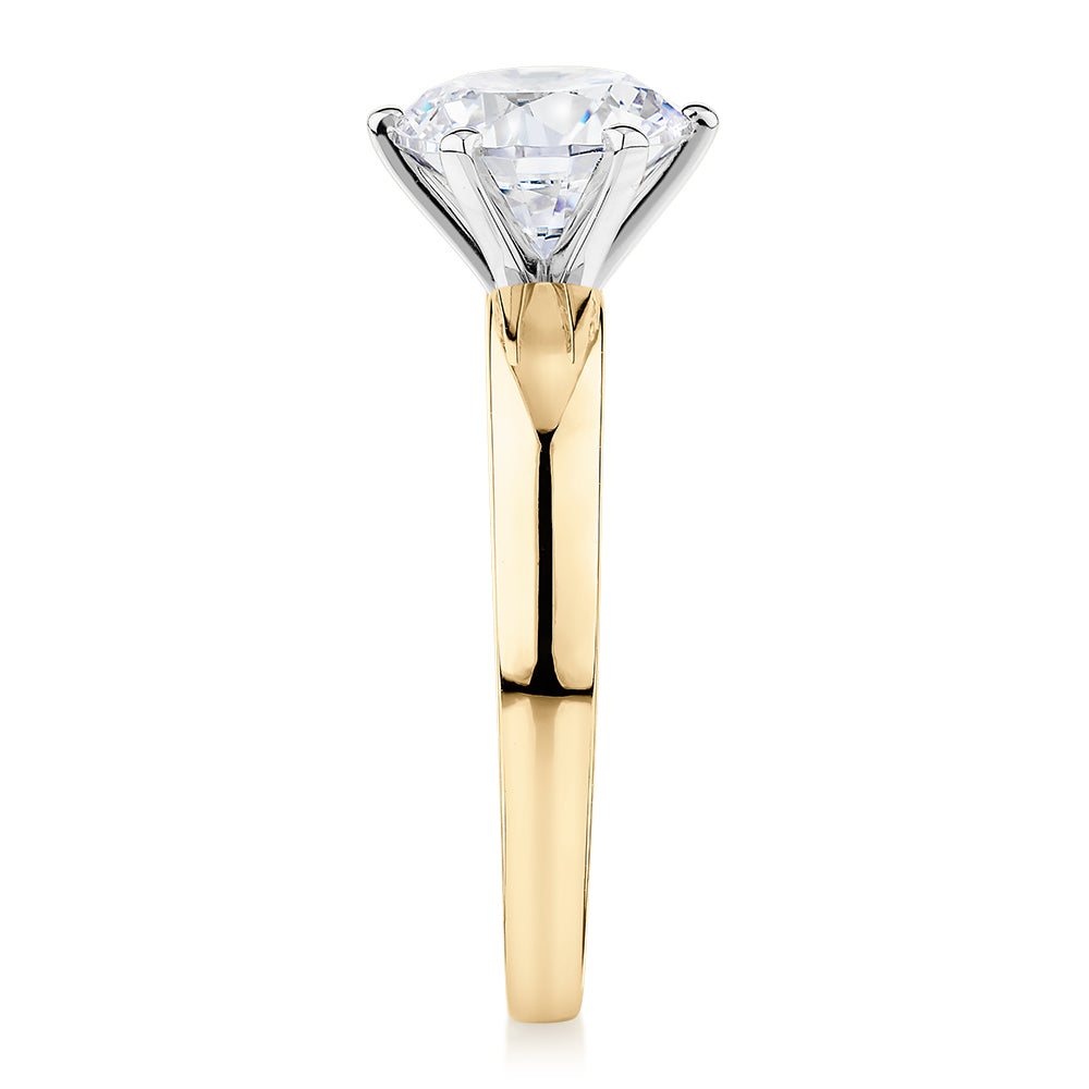 Premium Certified Lab-Grown Diamond, 2.00 carat round brilliant solitaire engagement ring in 14 carat yellow and white gold