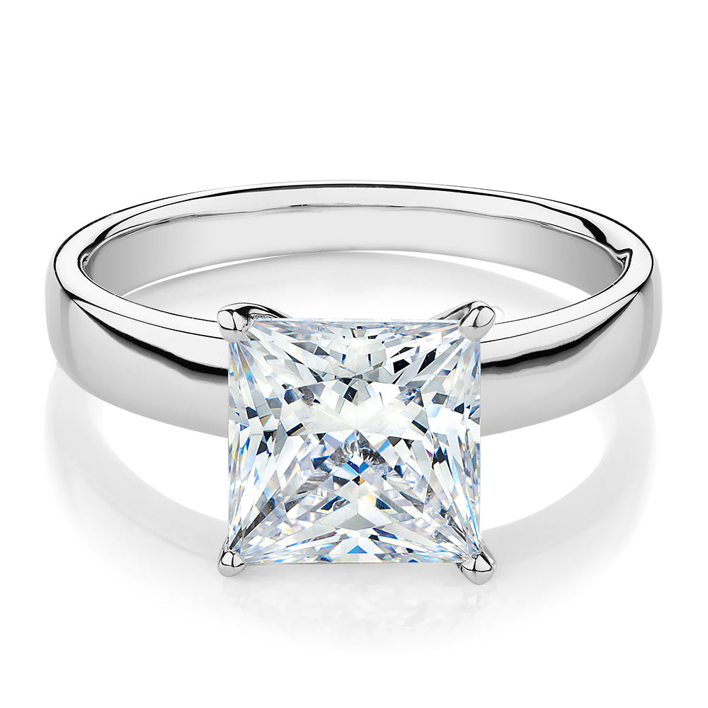 Princess Cut solitaire engagement ring with 3.01 carat* diamond simulant in 14 carat white gold