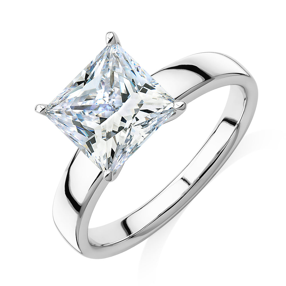 Princess Cut solitaire engagement ring with 3.01 carat* diamond simulant in 14 carat white gold