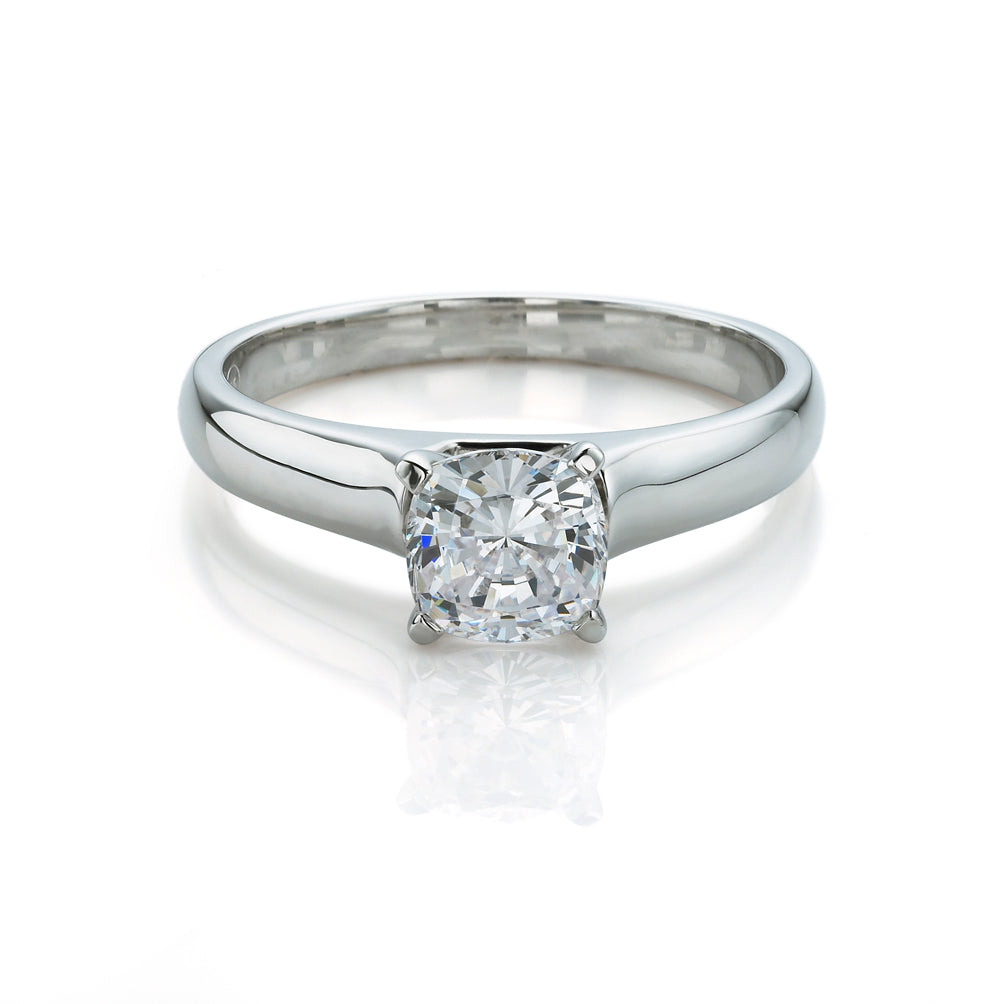 Cushion solitaire engagement ring with 1.5 carat* diamond simulant in 14 carat white gold