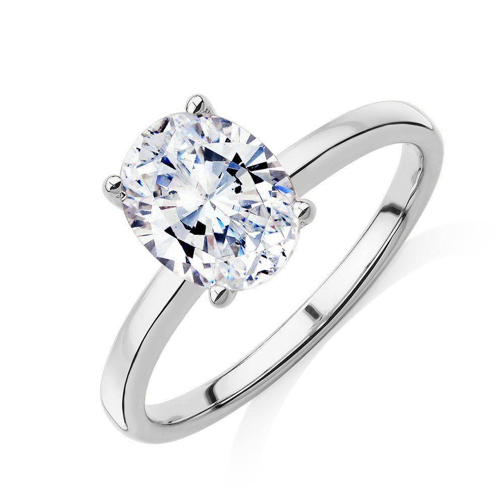 Oval solitaire engagement ring with 1.86 carat* diamond simulant in 14 carat white gold