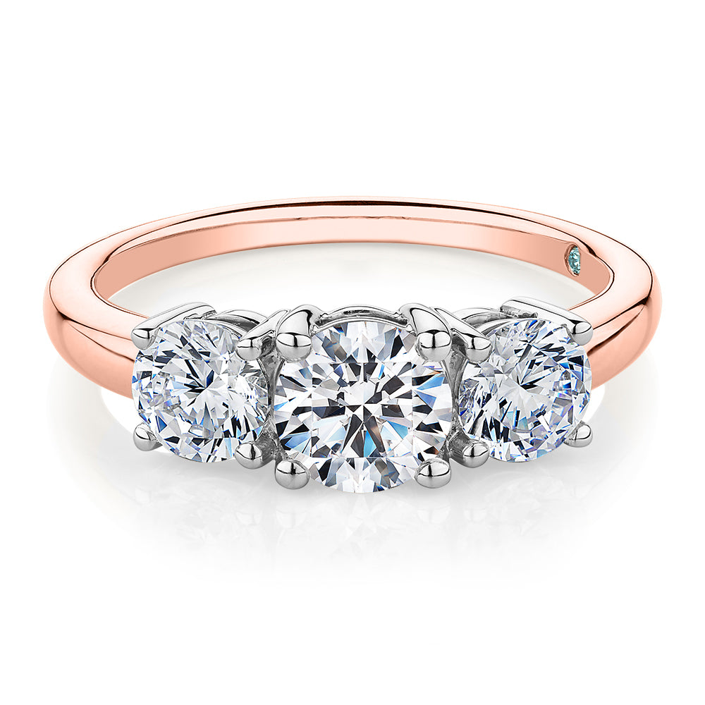 Premium Certified Lab-Grown Diamond 2.00 carat TW round brilliant cut three stone engagement ring in 10 carat rose and white gold