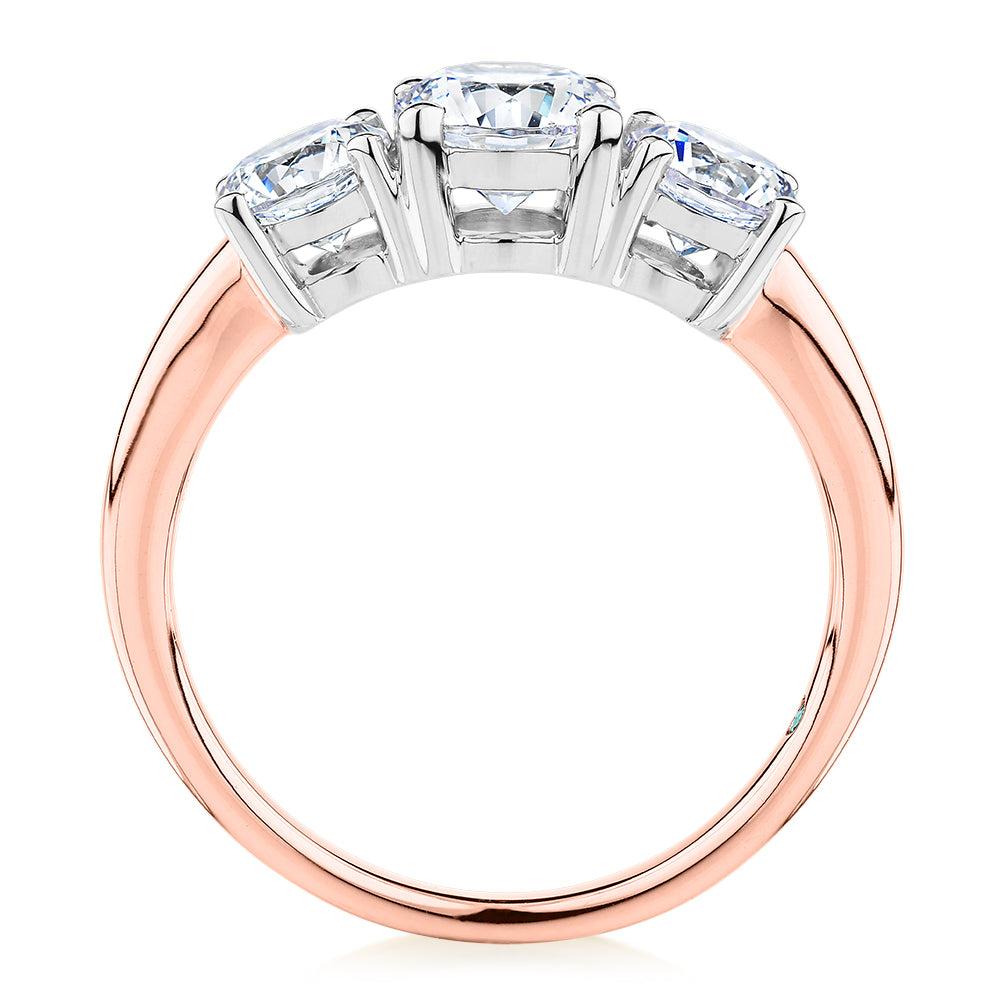 Premium Certified Lab-Grown Diamond 2.00 carat TW round brilliant cut three stone engagement ring in 10 carat rose and white gold